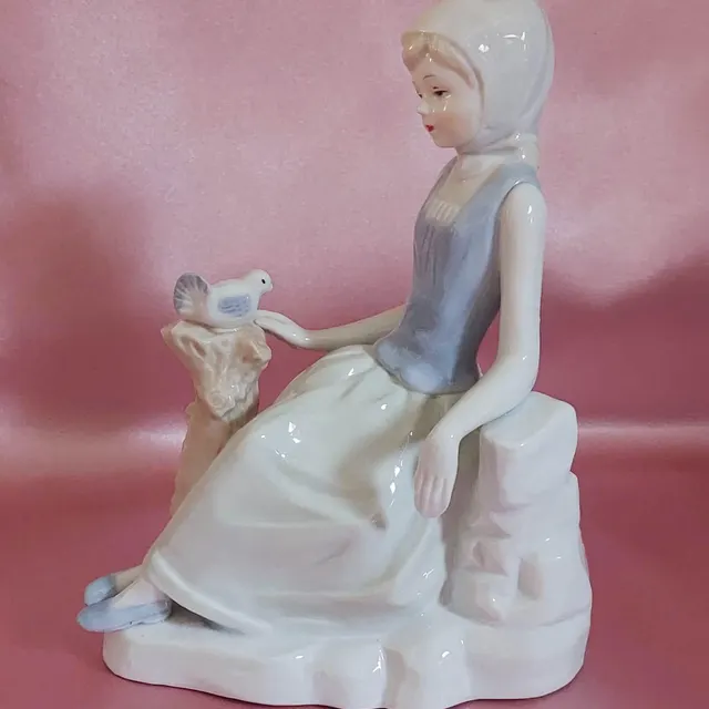 Vintage Porcelain Girl Figurine with Bird Pastel